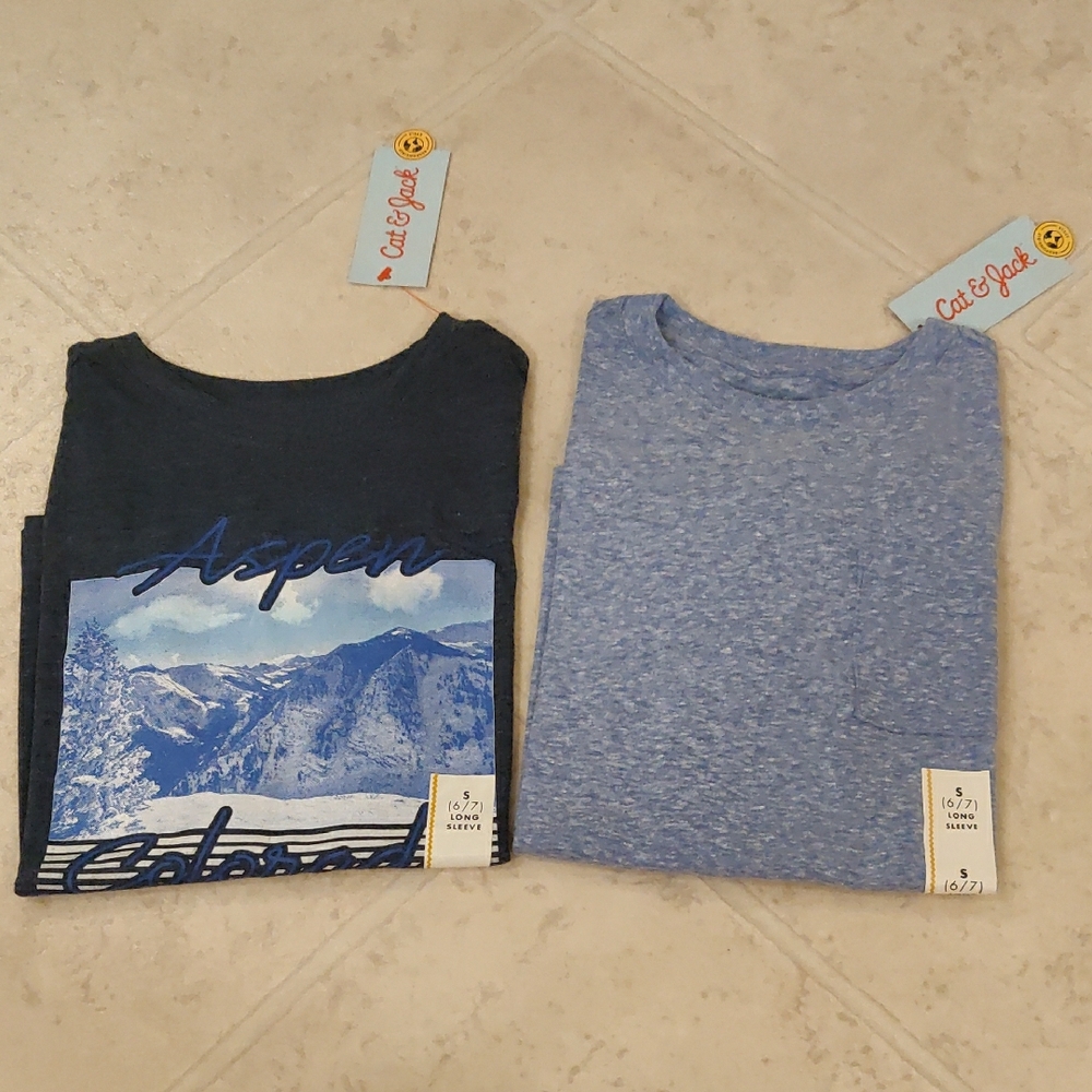 New! lot of 2 boys' Cat&Jack long Sleeves crewnecks t-shirts sz 6/7